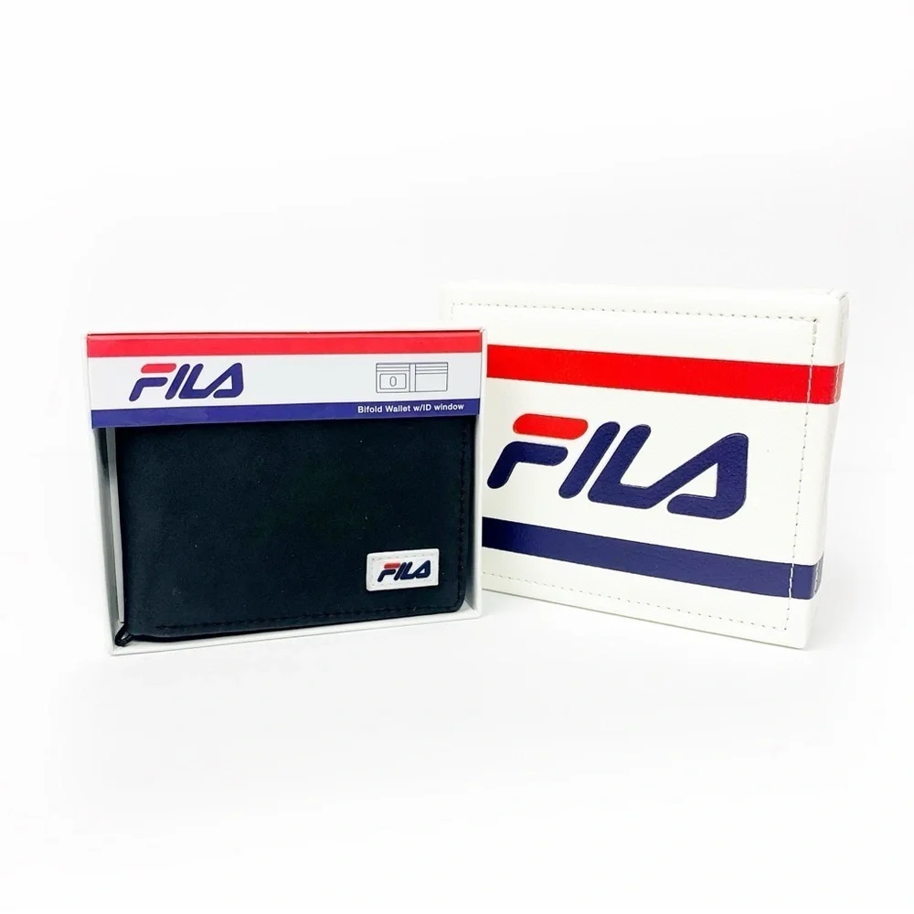 Fila Black Bifold Wallet • Logo Front • 7 Card Slots • ID Window • Gift Box
